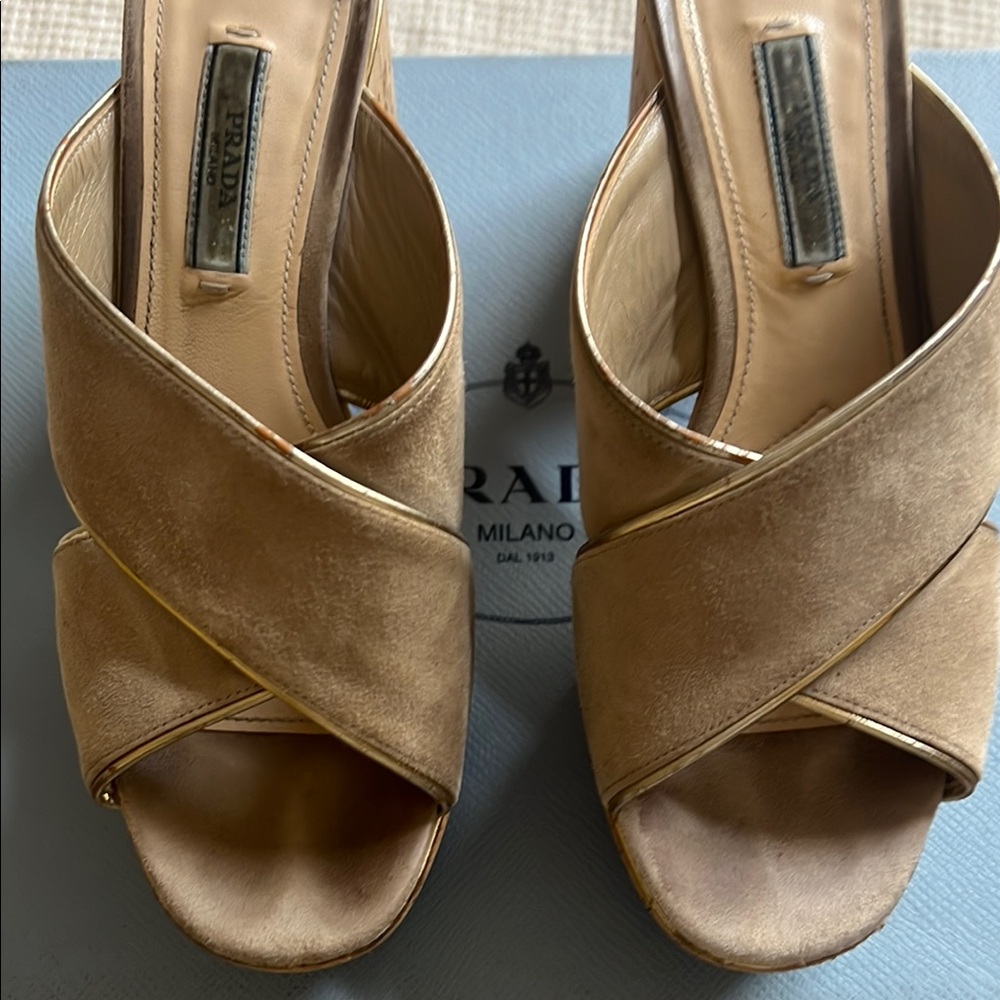 Prada Tan Suede Crisscross Slide Mules - Picture 2 of 7